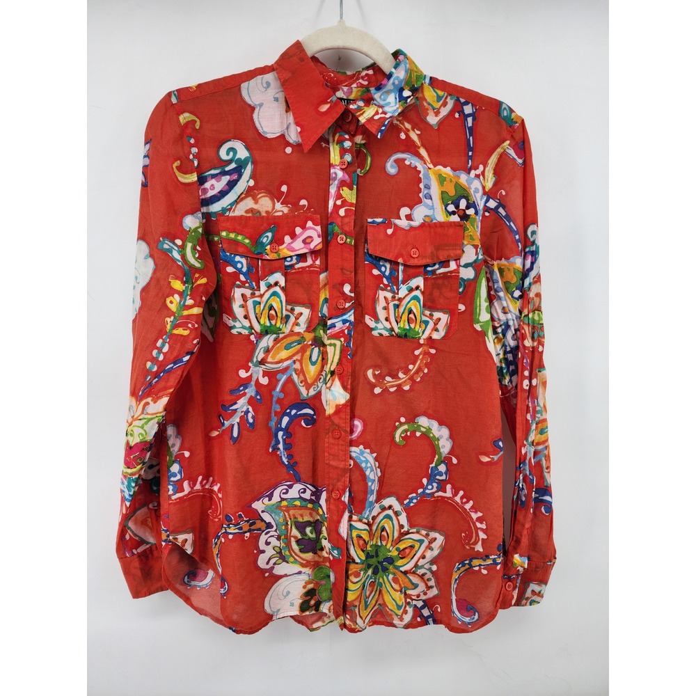 Lauren Ralph Lauren Orange Red Floral Paisley Button Down Shirt Size S